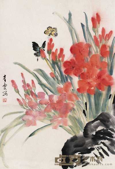 吴青霞 萱蝶图 立轴 68.8×46.3cm